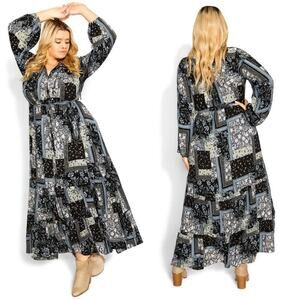 Aveology City Chic Patch Print Floral Maxi Dress Plus Size 20 Boho Peasant Folk
